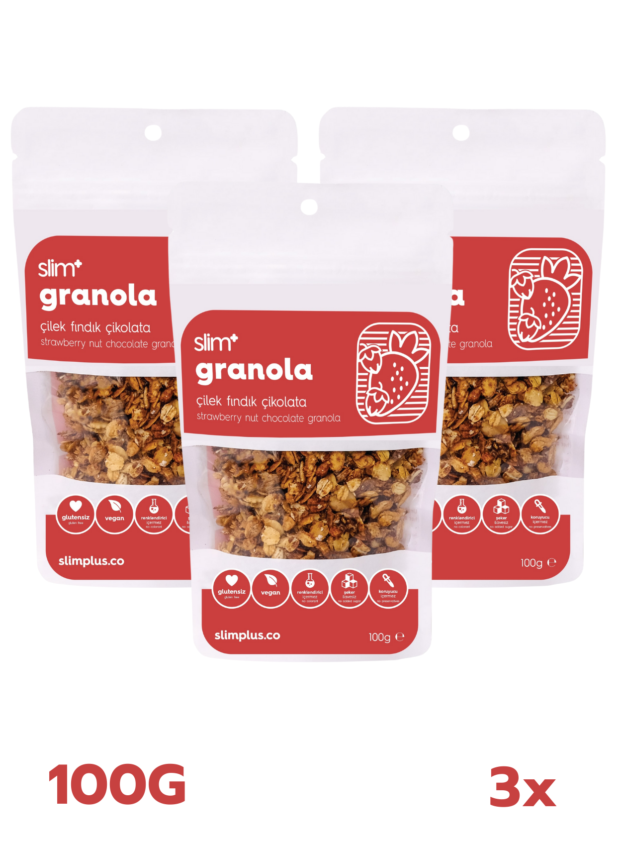 Granola Çikolata Çilek Fındık – Glutensiz Vegan Şekeri Meyveden Katkısız (3 x 100G)