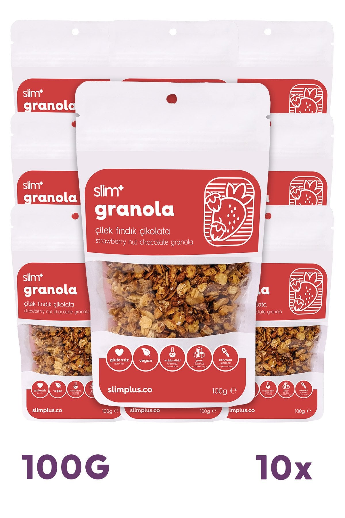 Granola Çikolata Çilek Fındık – Glutensiz Vegan Şekeri Meyveden Katkısız (10 x 100G)