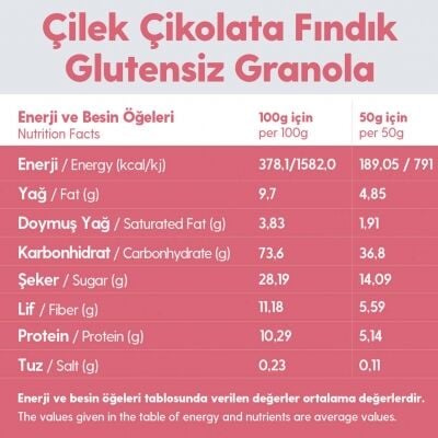 Granola Çikolata Çilek Fındık – Glutensiz Vegan Şekeri Meyveden Katkısız (10 x 100G)