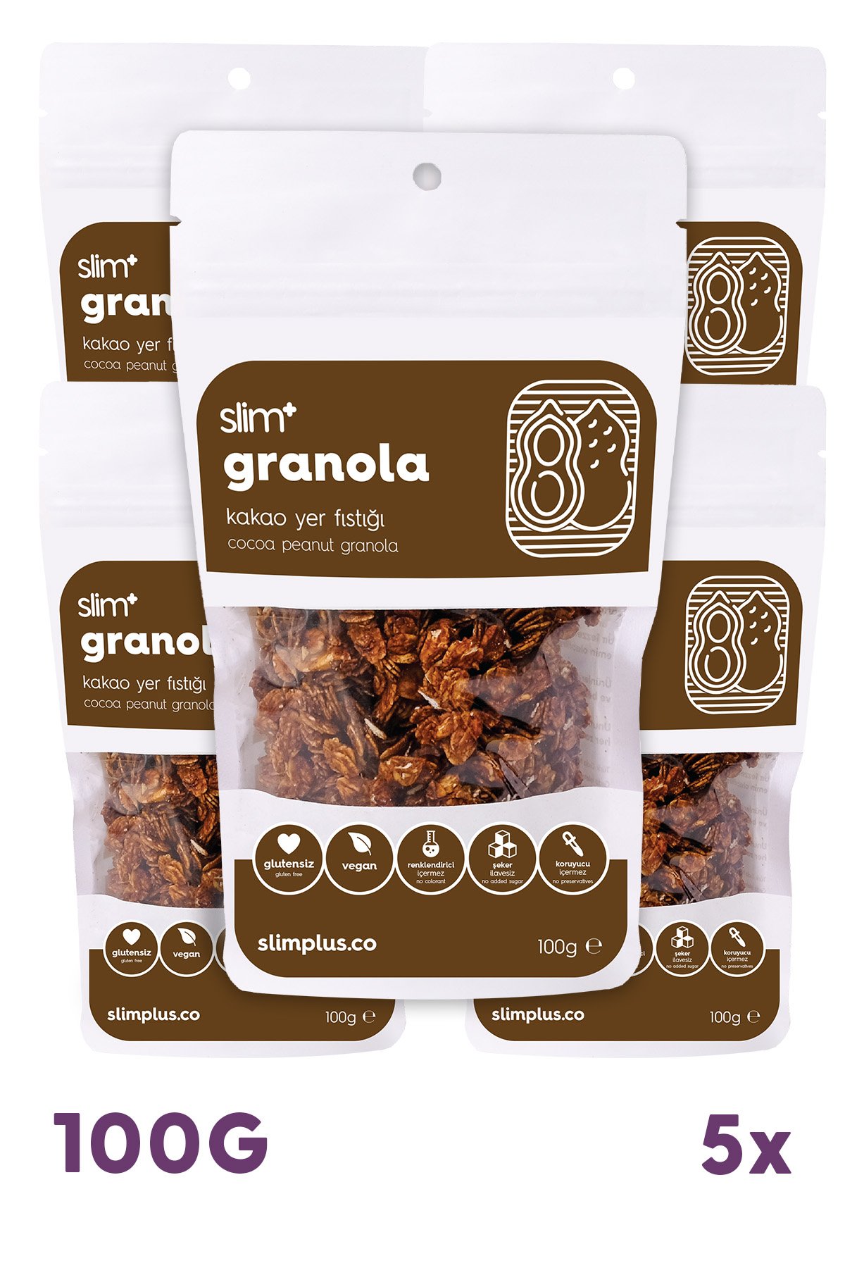 Granola Kakao Yer Fıstığı – Glutensiz Vegan Şekeri Meyveden Katkısız (5 x 100G)