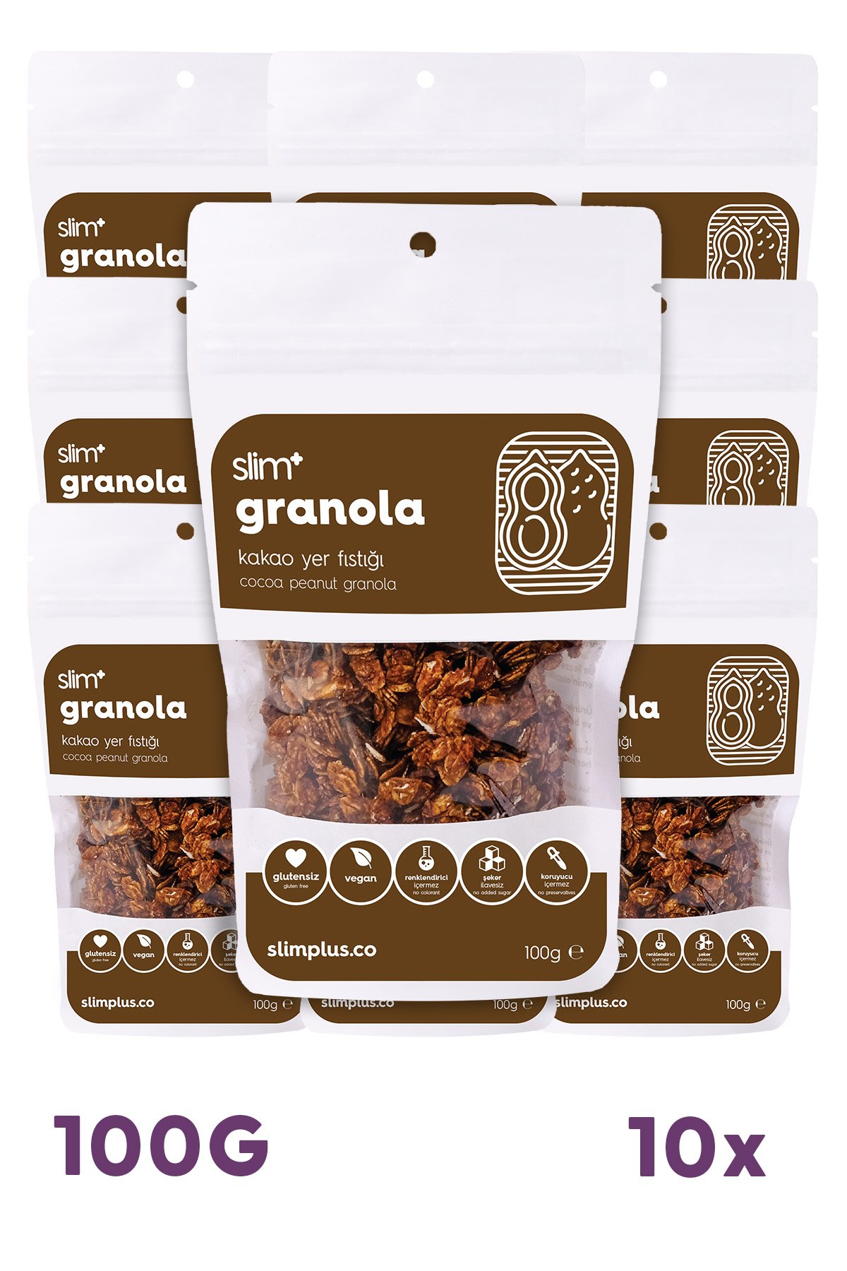 Granola Kakao Yer Fıstığı – Glutensiz Vegan Şekeri Meyveden Katkısız (10 x 100G)