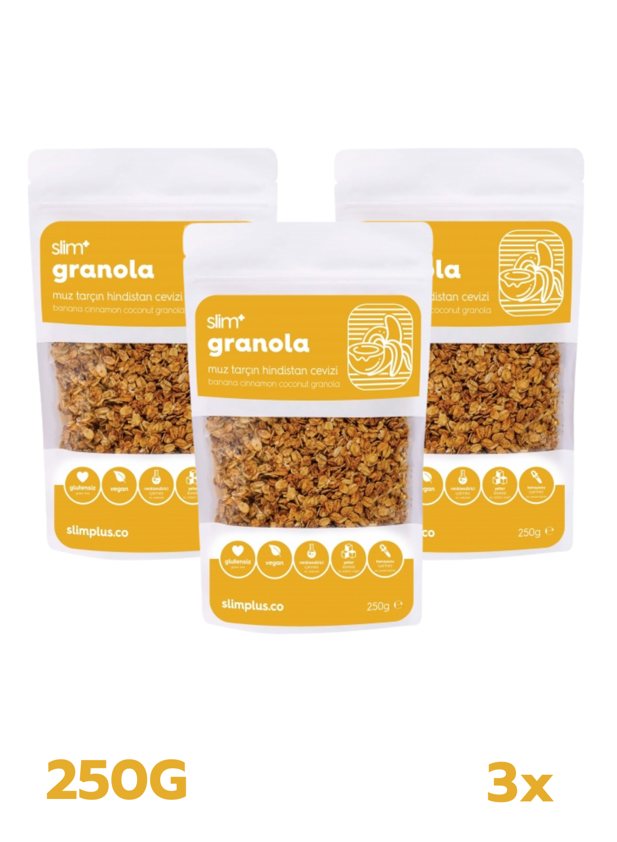 3 Paket Muz Tarçın Hindistan Cevizi Glutensiz İlave Şekersiz Vegan Granola 250Gr