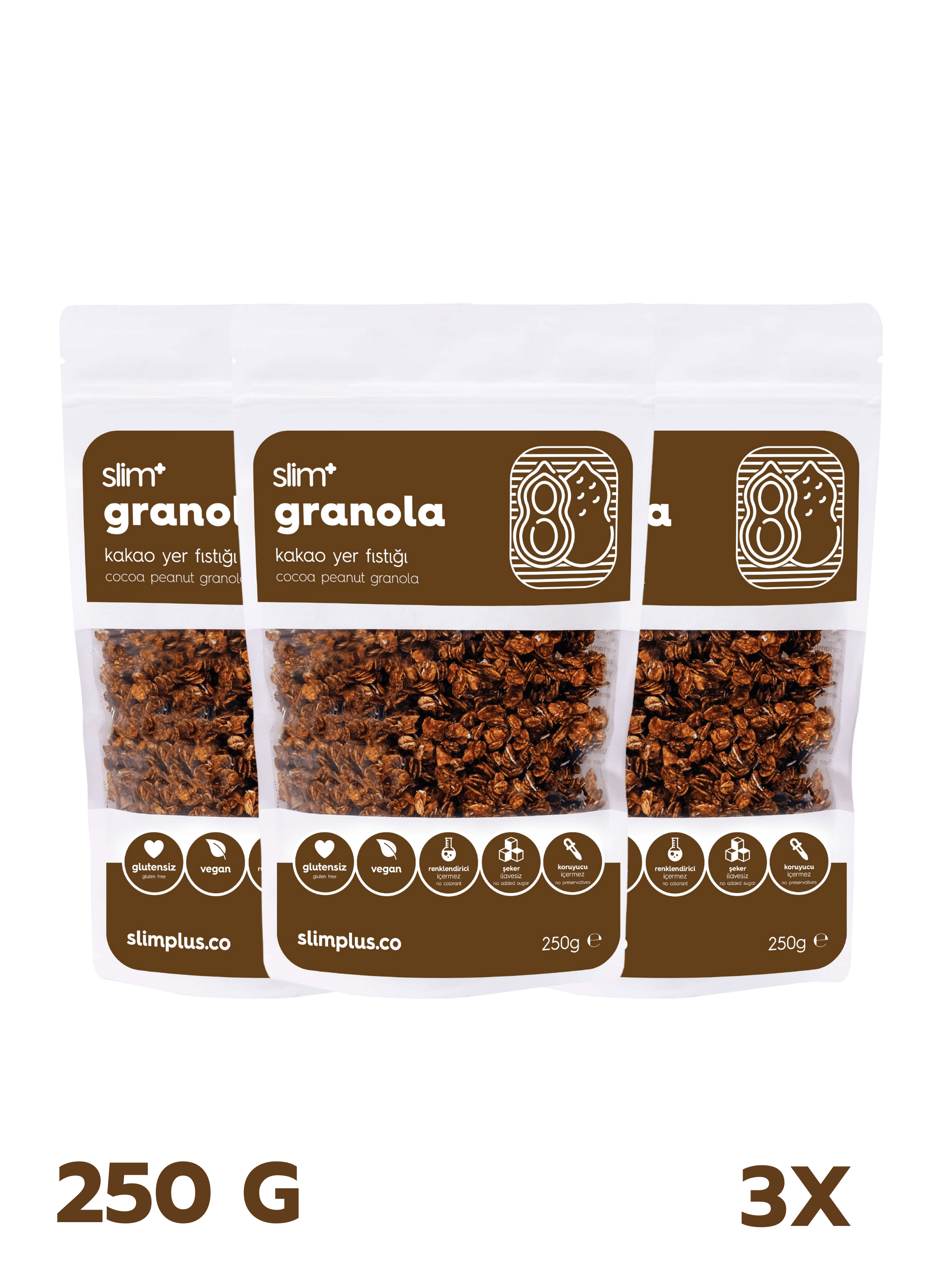 Granola Kakao Yer Fıstığı – Glutensiz Vegan Şekeri Meyveden Katkısız (3 x 250G)