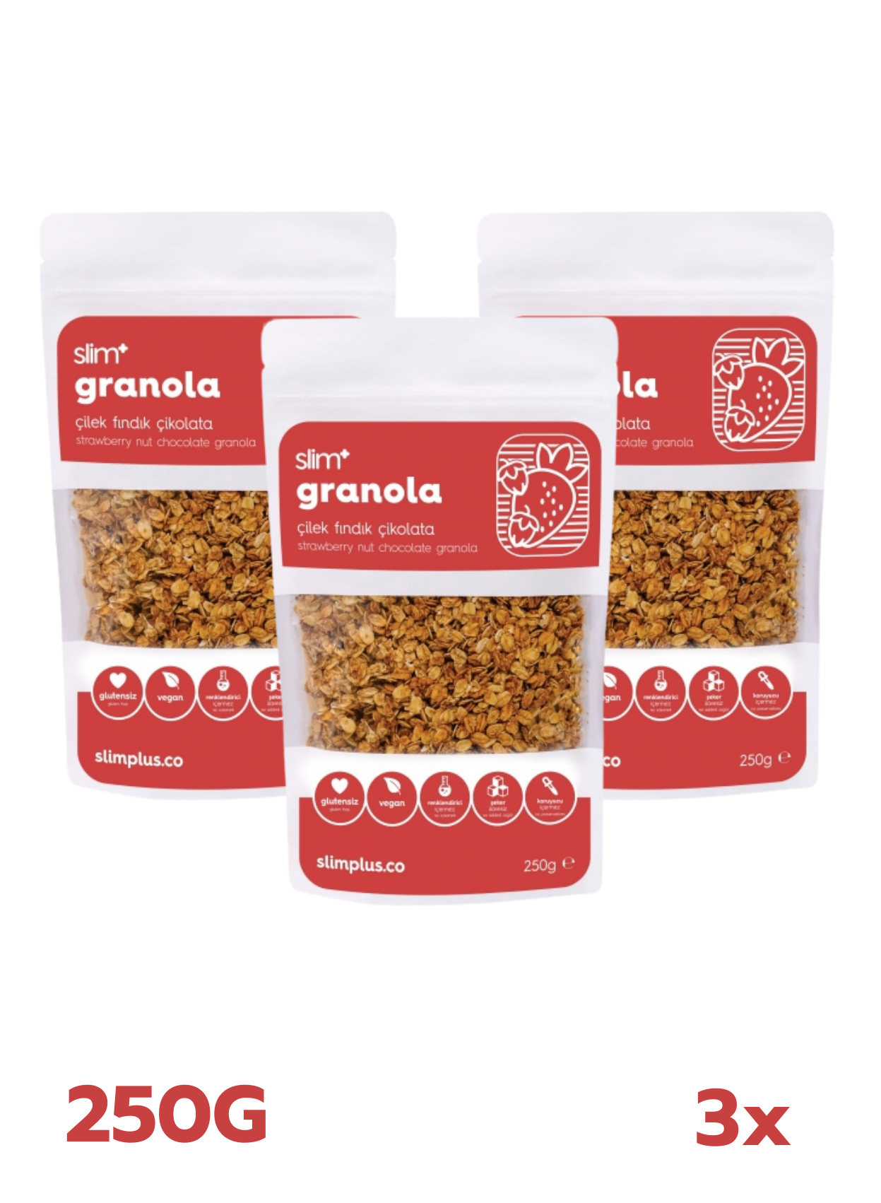 Granola Çikolata Çilek Fındık – Glutensiz Vegan Şekeri Meyveden Katkısız (3 x 250G)