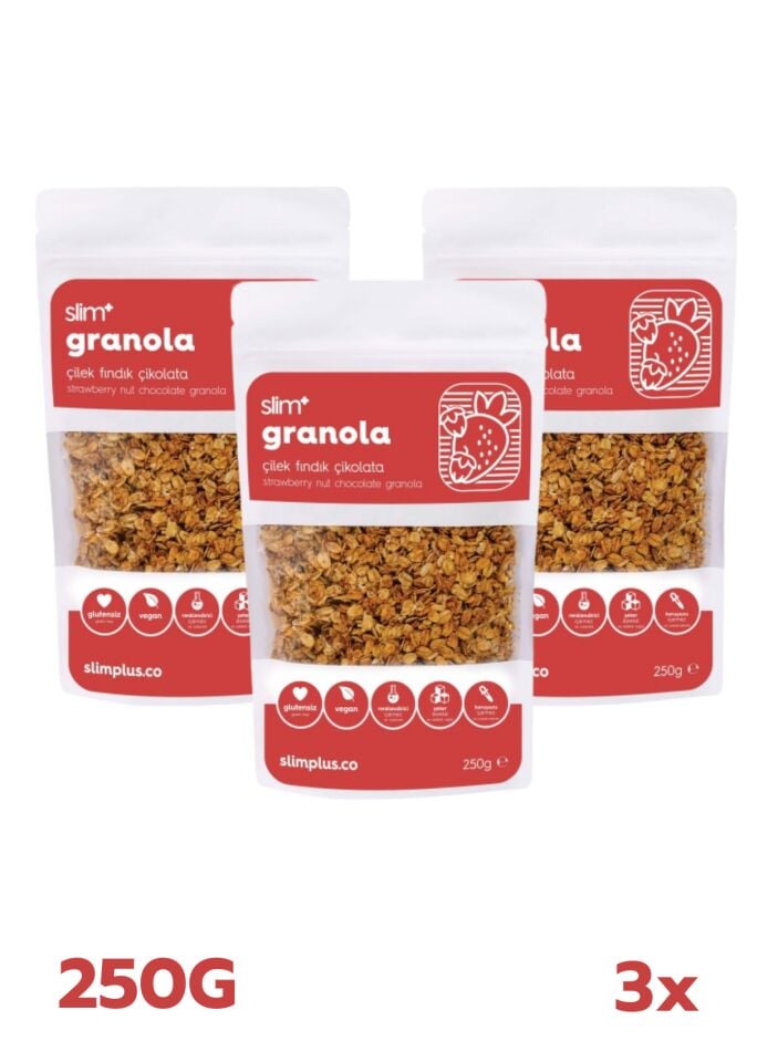 Granola Çikolata Çilek Fındık – Glutensiz Vegan Şekeri Meyveden Katkısız (3 x 250G)