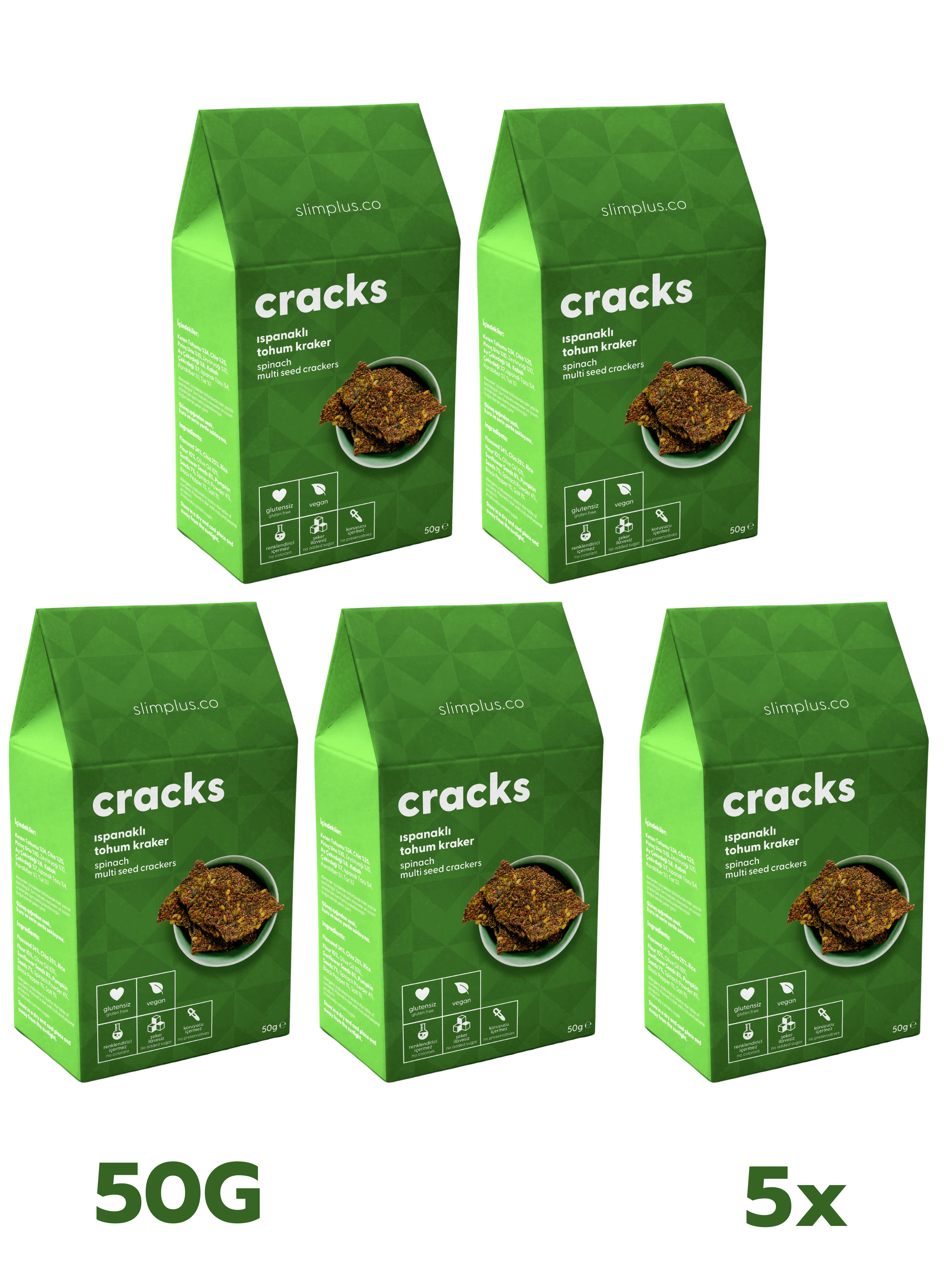 Tohum Kraker Ispanaklı Cracks – Glutensiz Vegan Katkısız (5 x 50G)