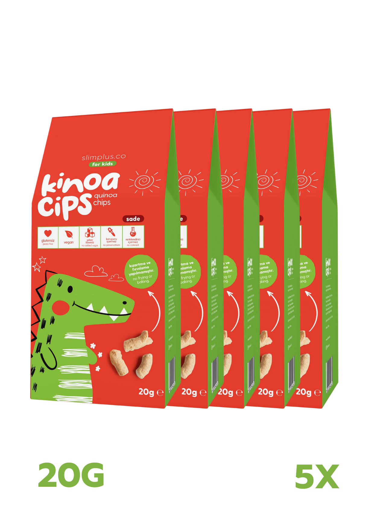 Kinoa Cipsi Sevimli Dinozor – Glutensiz Vegan Yağsız Çocuk Atıştırmalıkları (5 x 20G)