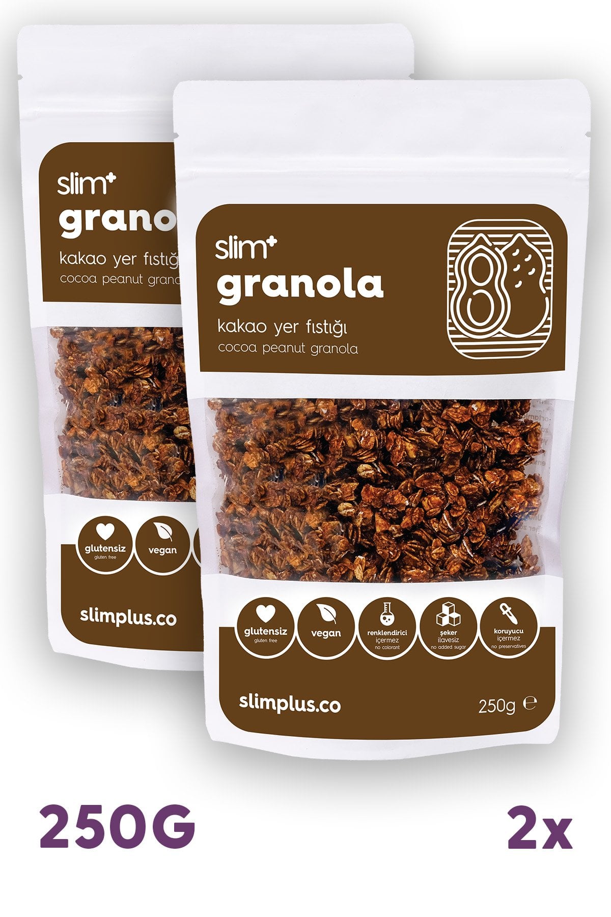 Granola Kakao Yer Fıstığı – Glutensiz Vegan Şekeri Meyveden Katkısız (2 x 250G)