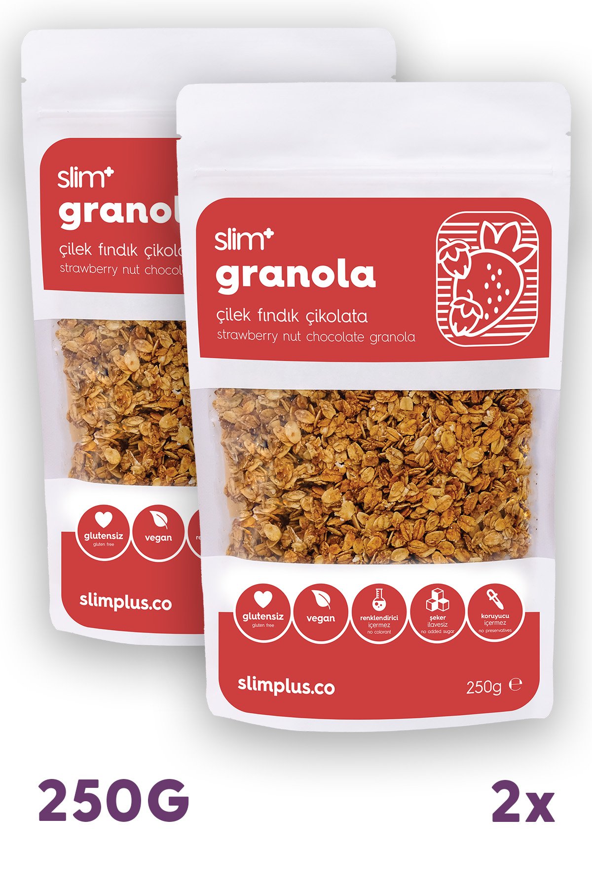 Granola Çikolata Çilek Fındık – Glutensiz Vegan Şekeri Meyveden Katkısız (2 x 250G)