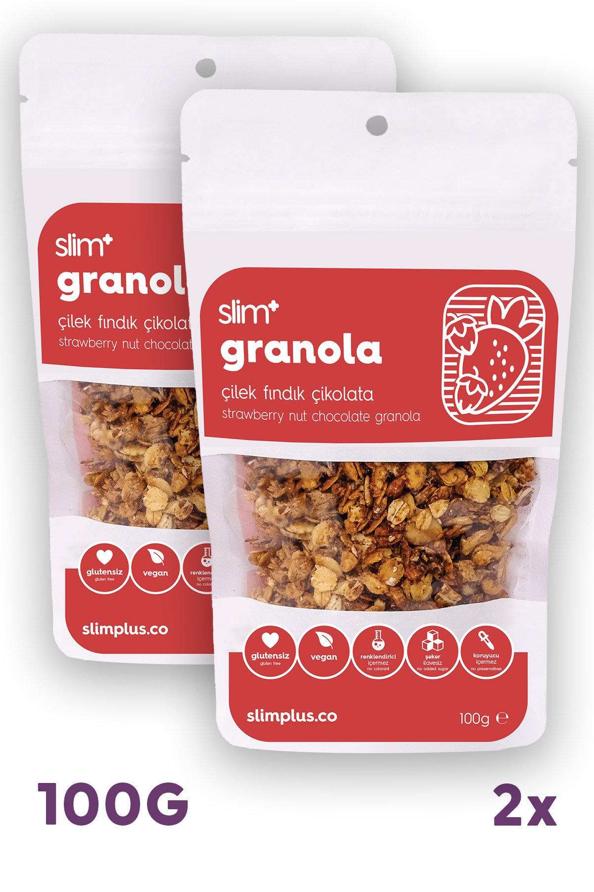 Granola Çikolata Çilek Fındık – Glutensiz Vegan Şekeri Meyveden Katkısız (2 x 100G)