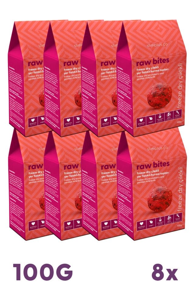 Hurma Topları Freeze Dry Çilek Kaplı Yerfıstıklı Raw Bites – Glutensiz Vegan Katkısız (8 x 100G)