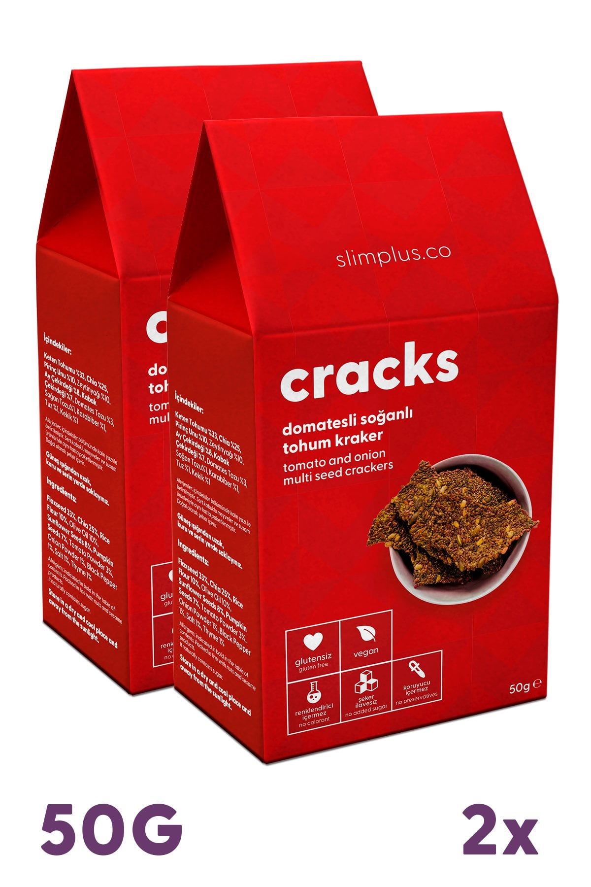 Tohum Kraker Domates Soğanlı Cracks – Glutensiz Vegan Katkısız (2 x 50G)
