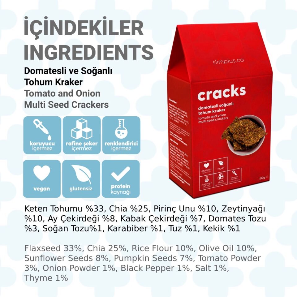 Tohum Kraker Domates Soğanlı Cracks – Glutensiz Vegan Katkısız (4 x 50G)