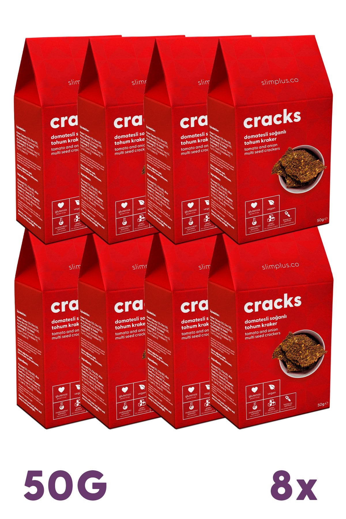 Tohum Kraker Domates Soğanlı Cracks – Glutensiz Vegan Katkısız (8 x 50G)