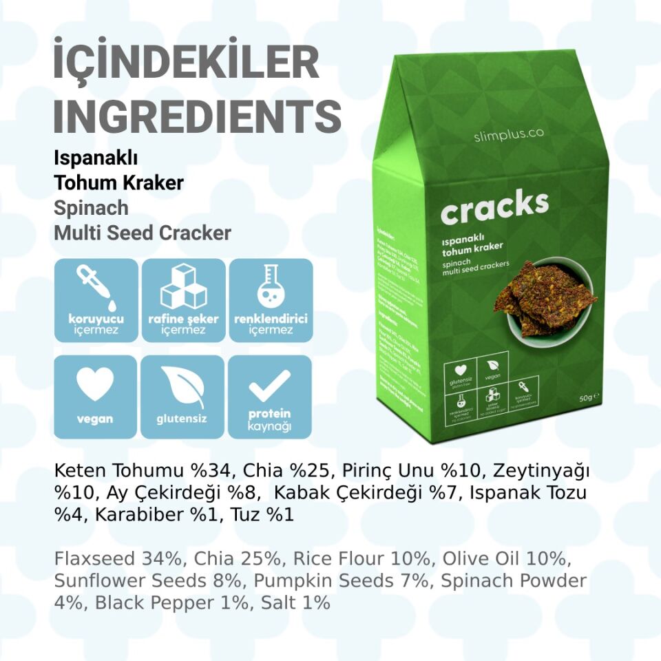 2 Paket Ispanaklı Glutensiz Vegan Tohum Kraker Cracks 50gr