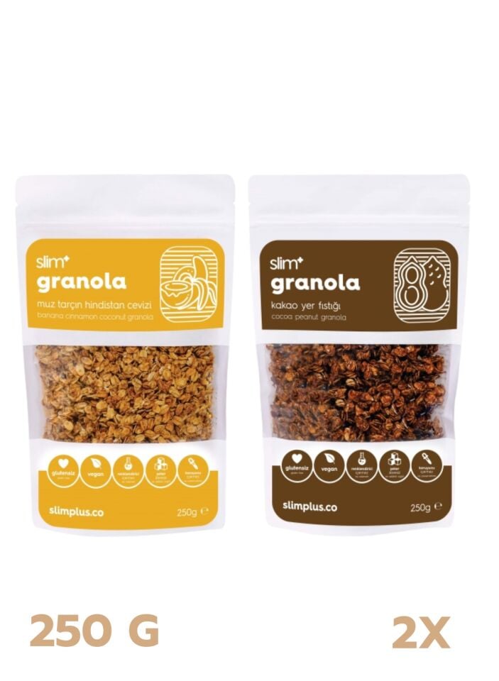Granola Mix Paket Muz ve Kakao – Glutensiz Vegan Şekeri Meyveden Katkısız (250G ve 250G) | Slimplus