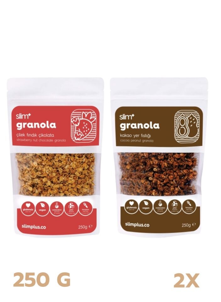 Granola Mix Paket Çilek ve Kakao – Glutensiz Vegan Şekeri Meyveden Katkısız (250G ve 250G) | Slimplus