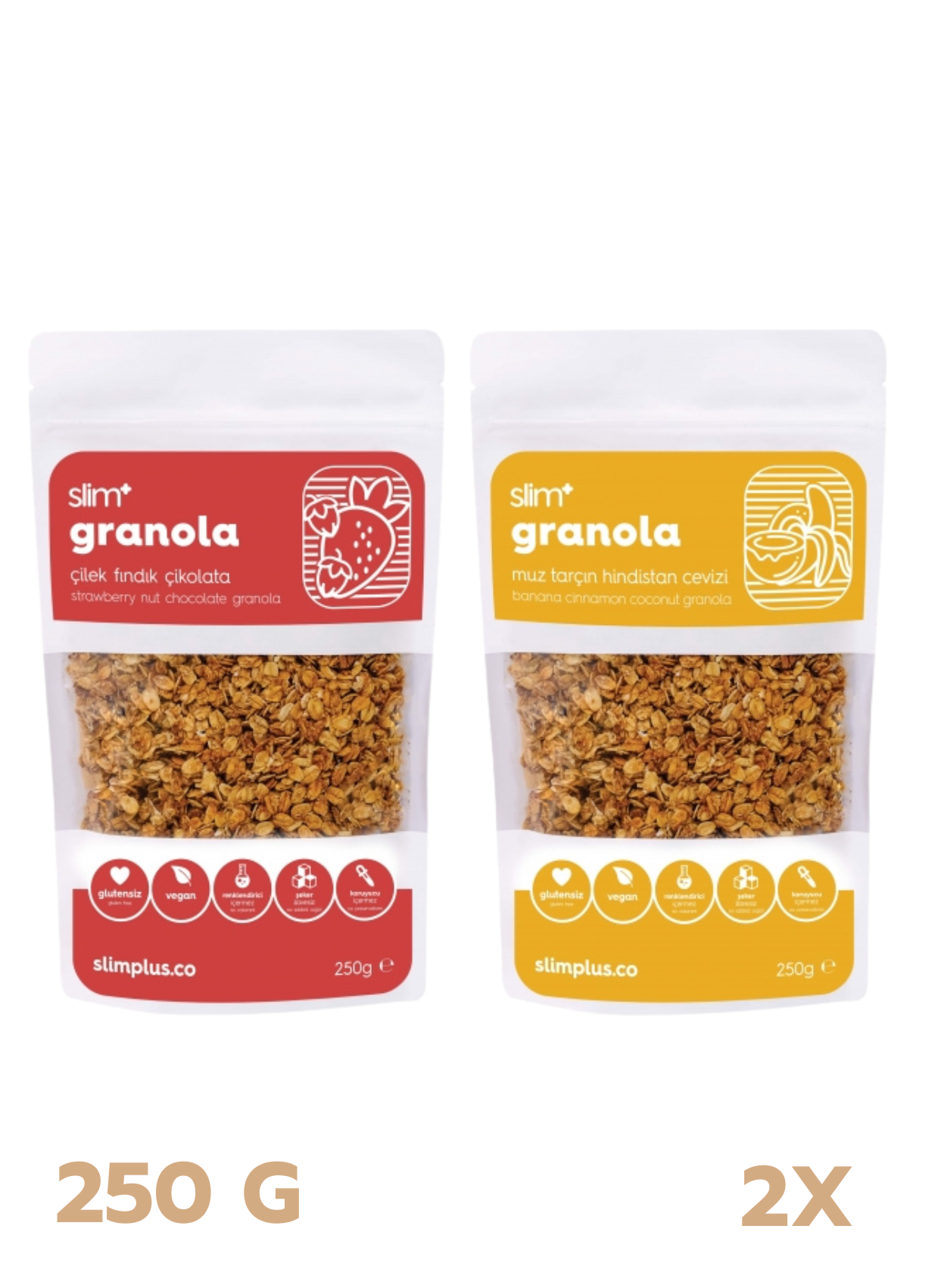 Granola Mix Paket Çilek ve Muz – Glutensiz Vegan Şekeri Meyveden Katkısız (250G ve 250G) | Slimplus