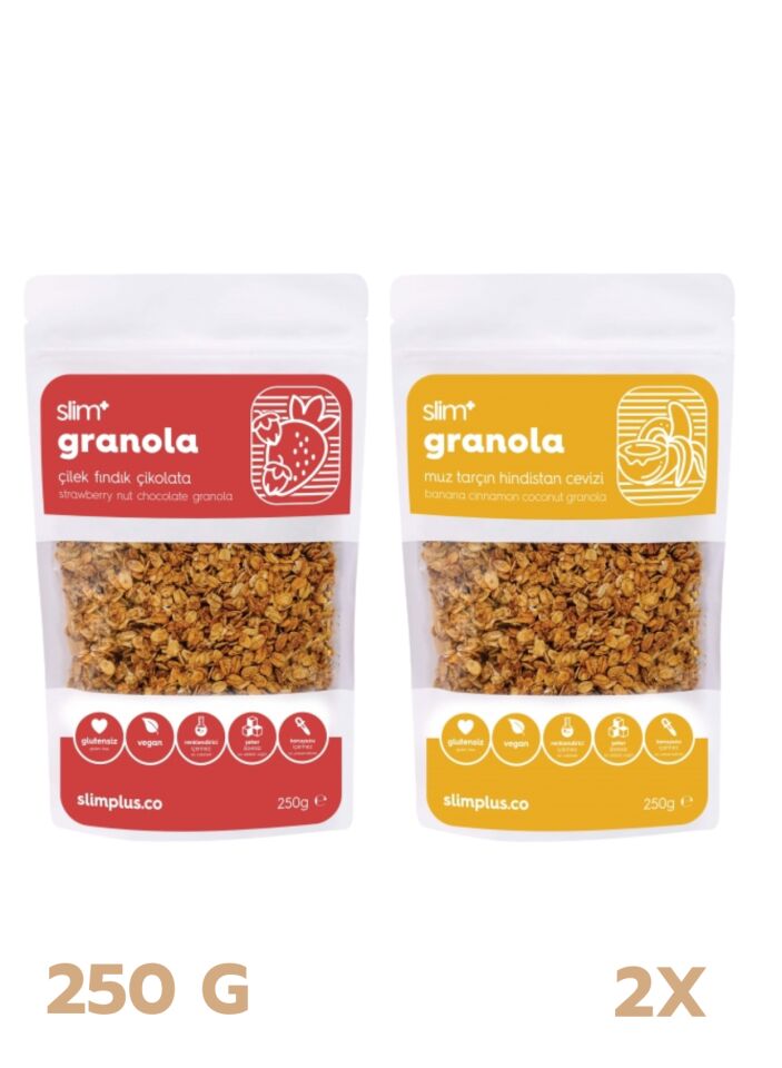 Granola Mix Paket Çilek ve Muz – Glutensiz Vegan Şekeri Meyveden Katkısız (250G ve 250G) | Slimplus