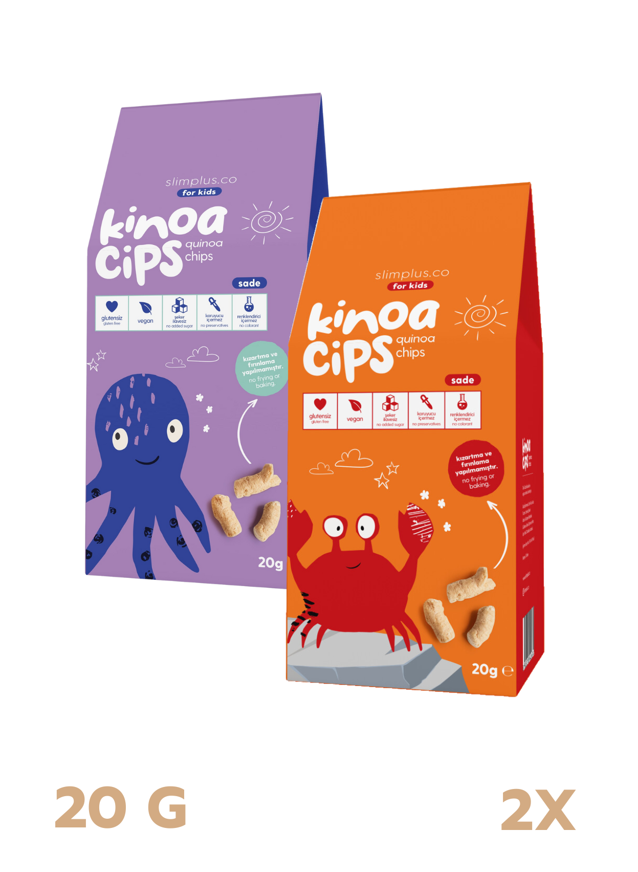 Kinoa Cipsi Bebek Ahtapot ve Neşeli Yengeç – Glutensiz Vegan Yağsız Çocuk Atıştırmalıkları (2 x 20G)