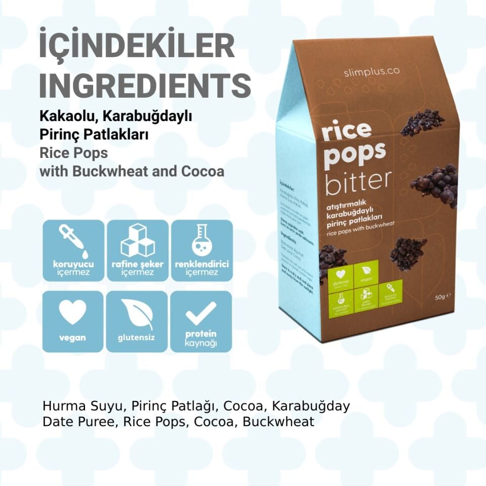 Karabuğdaylı Pirinç Patlakları Kakaolu Rice Pops Bitter – Glutensiz Vegan Katkısız (2 x 50G)
