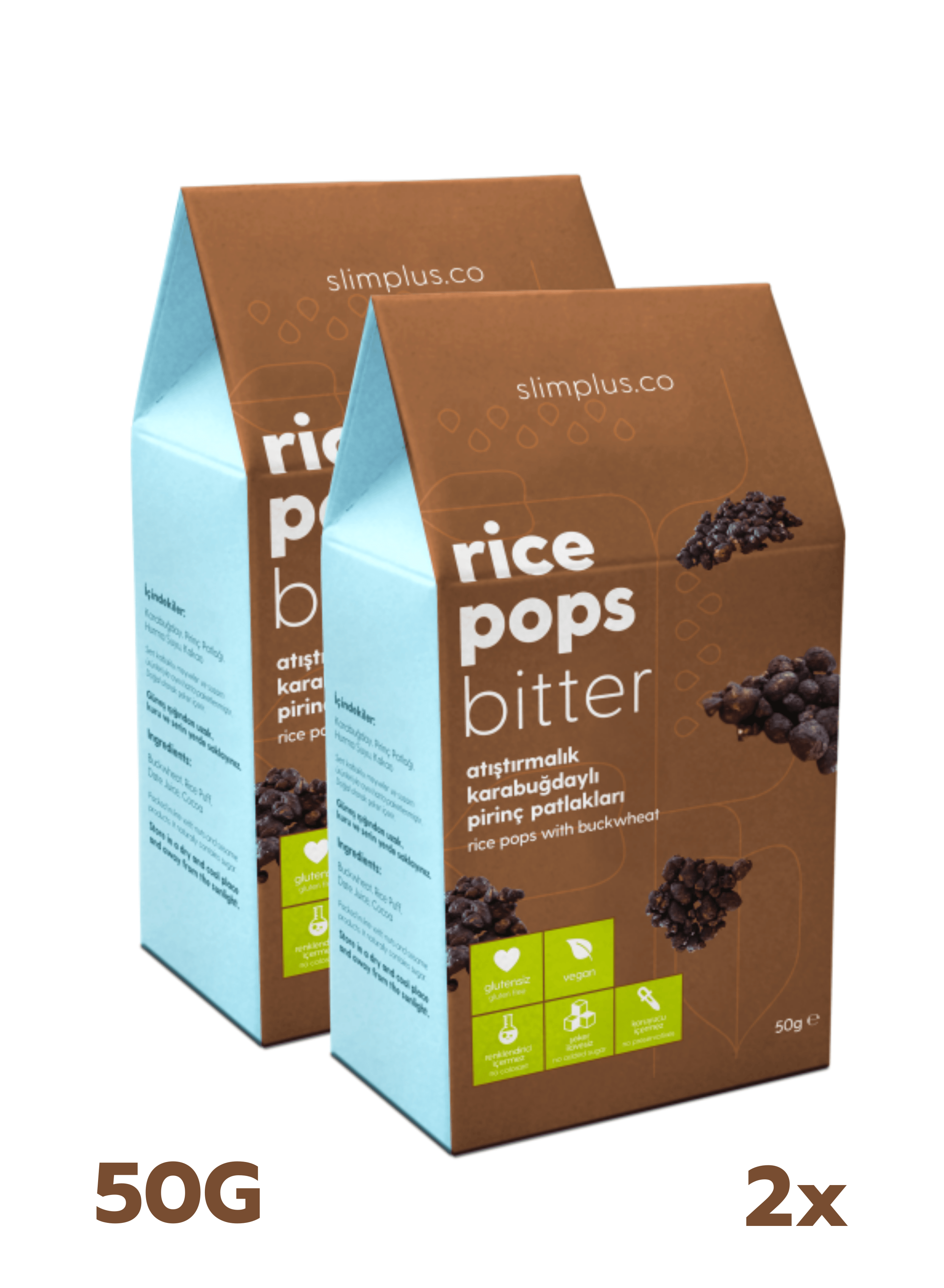 Karabuğdaylı Pirinç Patlakları Kakaolu Rice Pops Bitter – Glutensiz Vegan Katkısız (2 x 50G)