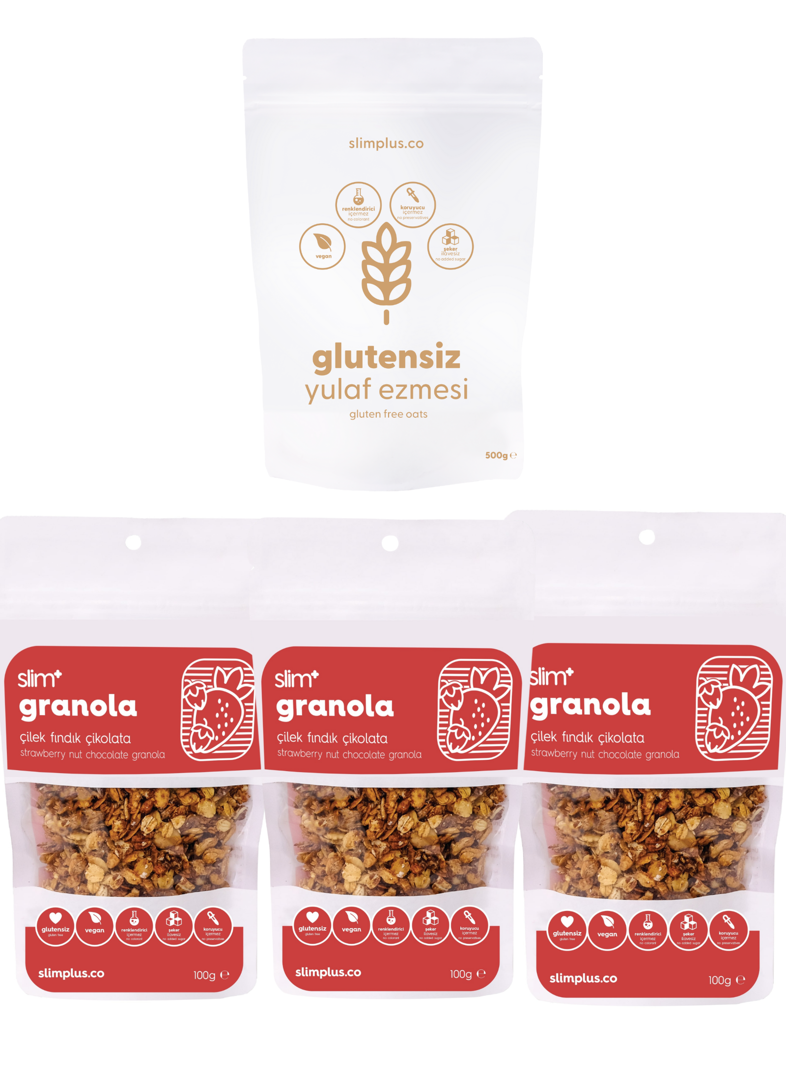 Granola Çikolata Çilek Fındık ve Yulaf Ezmesi Avantaj Paketi – Glutensiz Vegan Şekeri Meyveden (3 x 100G ve 500G)