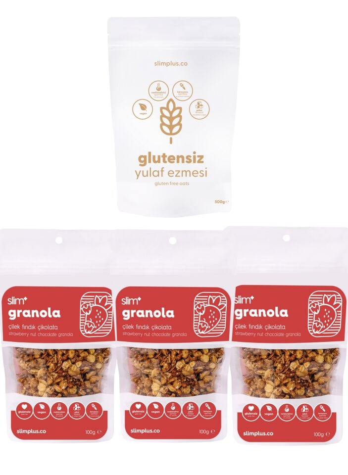 Granola Çikolata Çilek Fındık ve Yulaf Ezmesi Avantaj Paketi – Glutensiz Vegan Şekeri Meyveden (3 x 100G ve 500G)