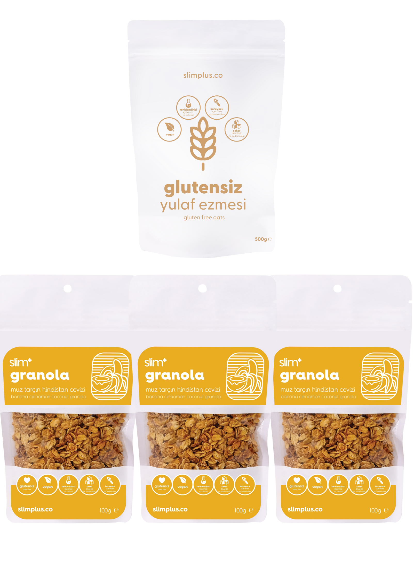 Granola Muz Tarçın Hindistan Cevizi ve Yulaf Ezmesi Avantaj Paketi – Glutensiz Vegan Şekeri Meyveden (3 x 100G ve 500G)