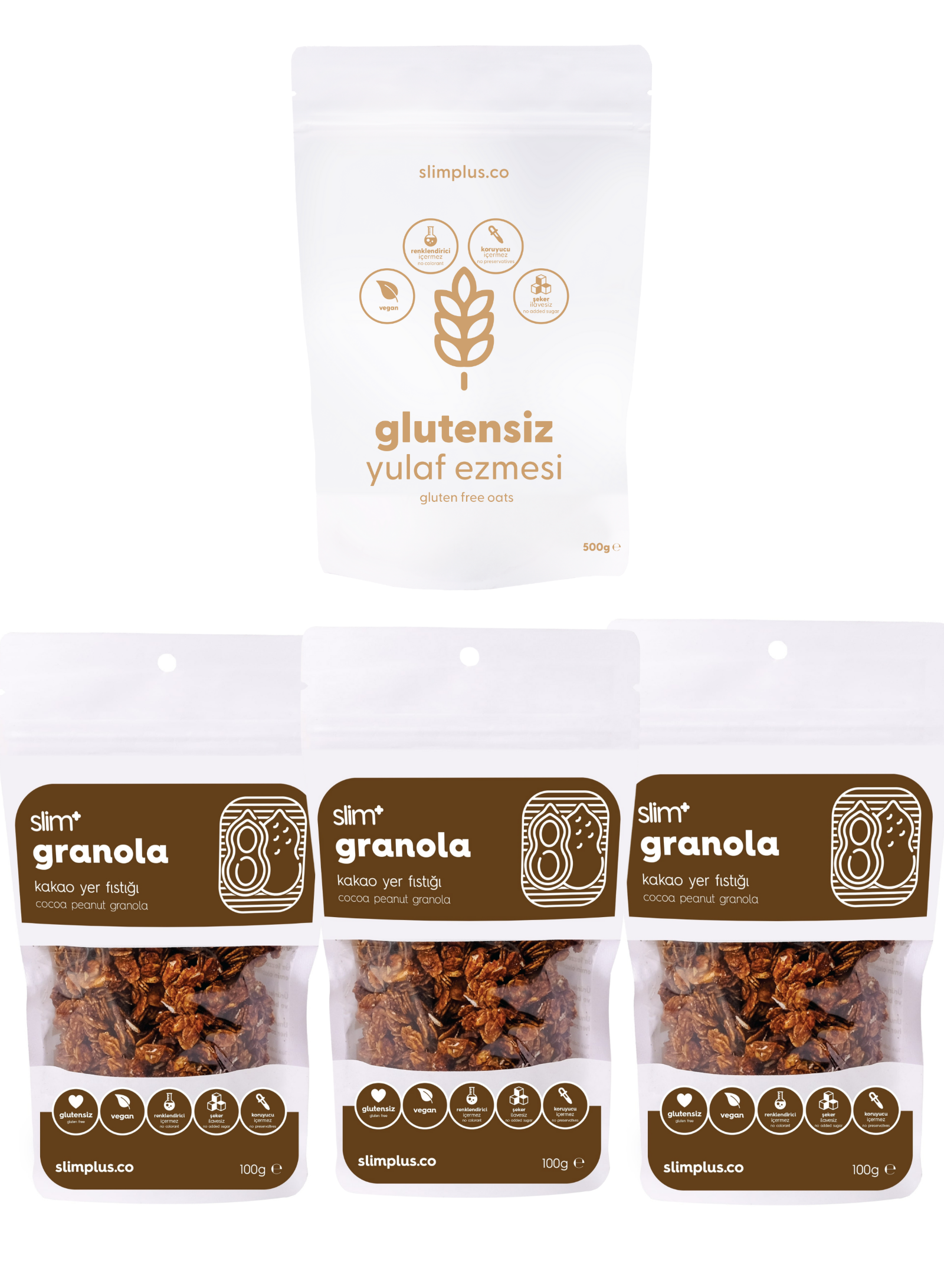 Granola Kakao Yer Fıstığı ve Yulaf Ezmesi Avantaj Paketi – Glutensiz Vegan Şekeri Meyveden (3 x 100G ve 500G)