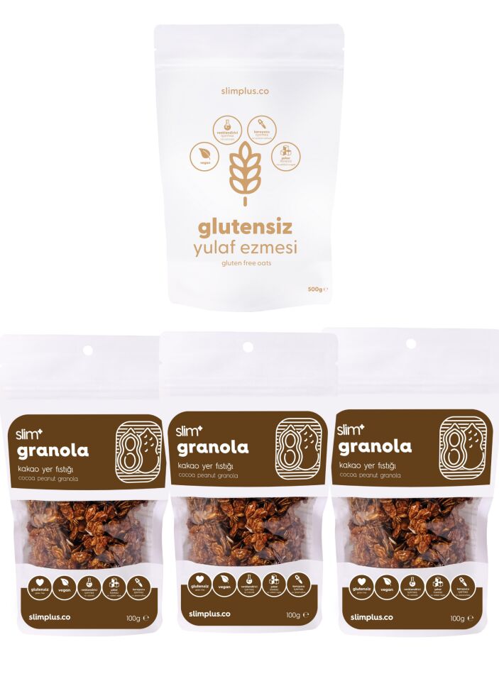 Granola Kakao Yer Fıstığı ve Yulaf Ezmesi Avantaj Paketi – Glutensiz Vegan Şekeri Meyveden (3 x 100G ve 500G)