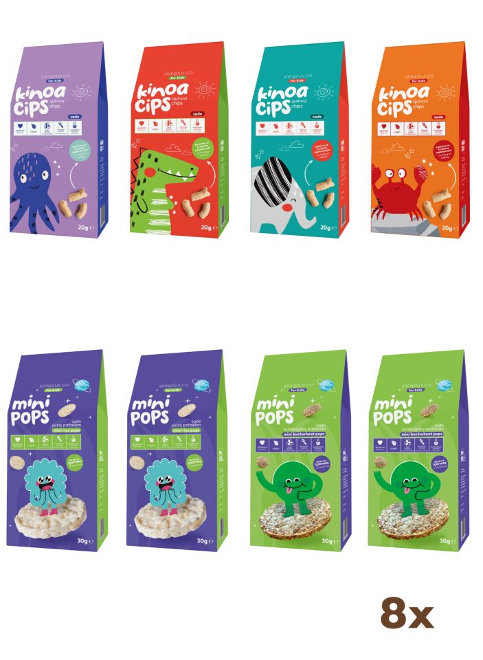 Kinoa Cipsi | Pirinç Patlakları | Karabuğday Patlakları – Glutensiz Vegan Çocuk Atıştırmalıkları Karma Paket (4 x 20G ve 4 x 30G)