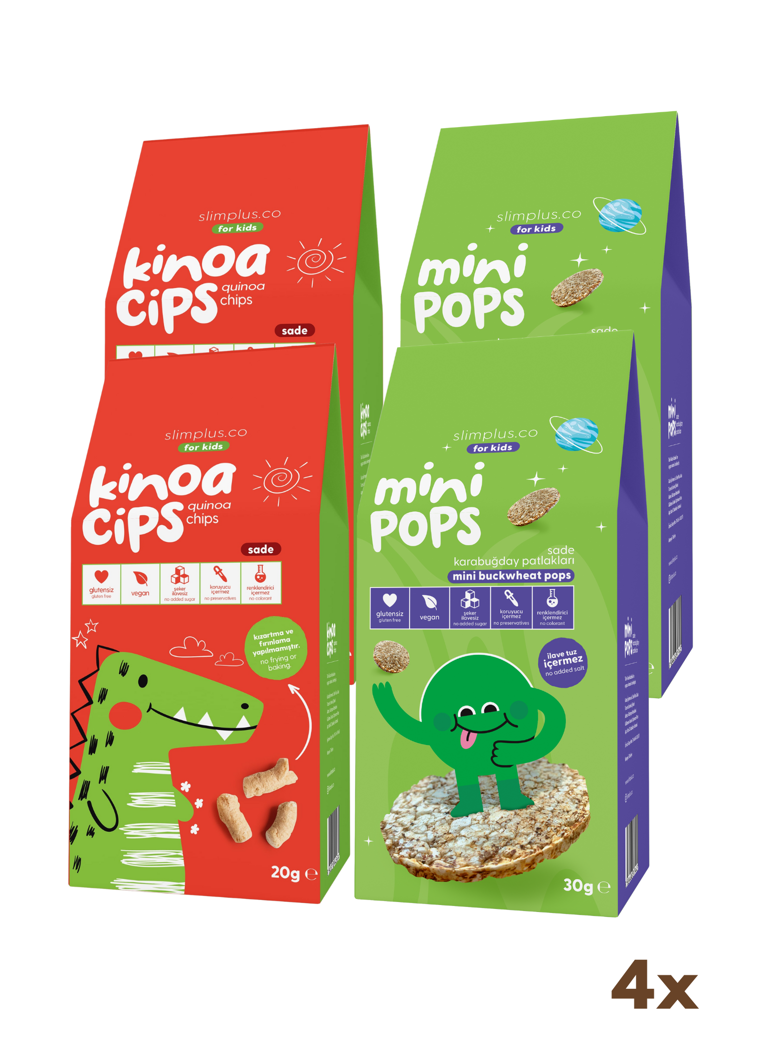 Kinoa Cipsi Sevimli Dinozor ve Karabuğday Patlakları Mini Pops 4'lü Paket – Glutensiz Vegan Çocuk Atıştırmalıkları (4 x 20G ve 4 x 30G) | Slimplus
