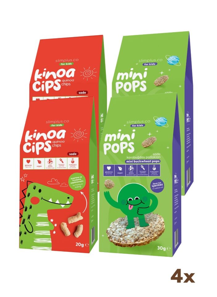 Kinoa Cipsi Sevimli Dinozor ve Karabuğday Patlakları Mini Pops 4'lü Paket – Glutensiz Vegan Çocuk Atıştırmalıkları (4 x 20G ve 4 x 30G) | Slimplus