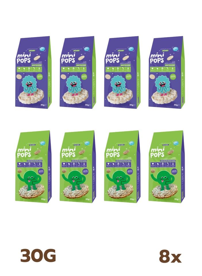 Mini Pops Pirinç ve Karabuğday Patlakları Mix – Glutensiz Vegan Çocuk Atıştırmalıkları (8 x 30G)